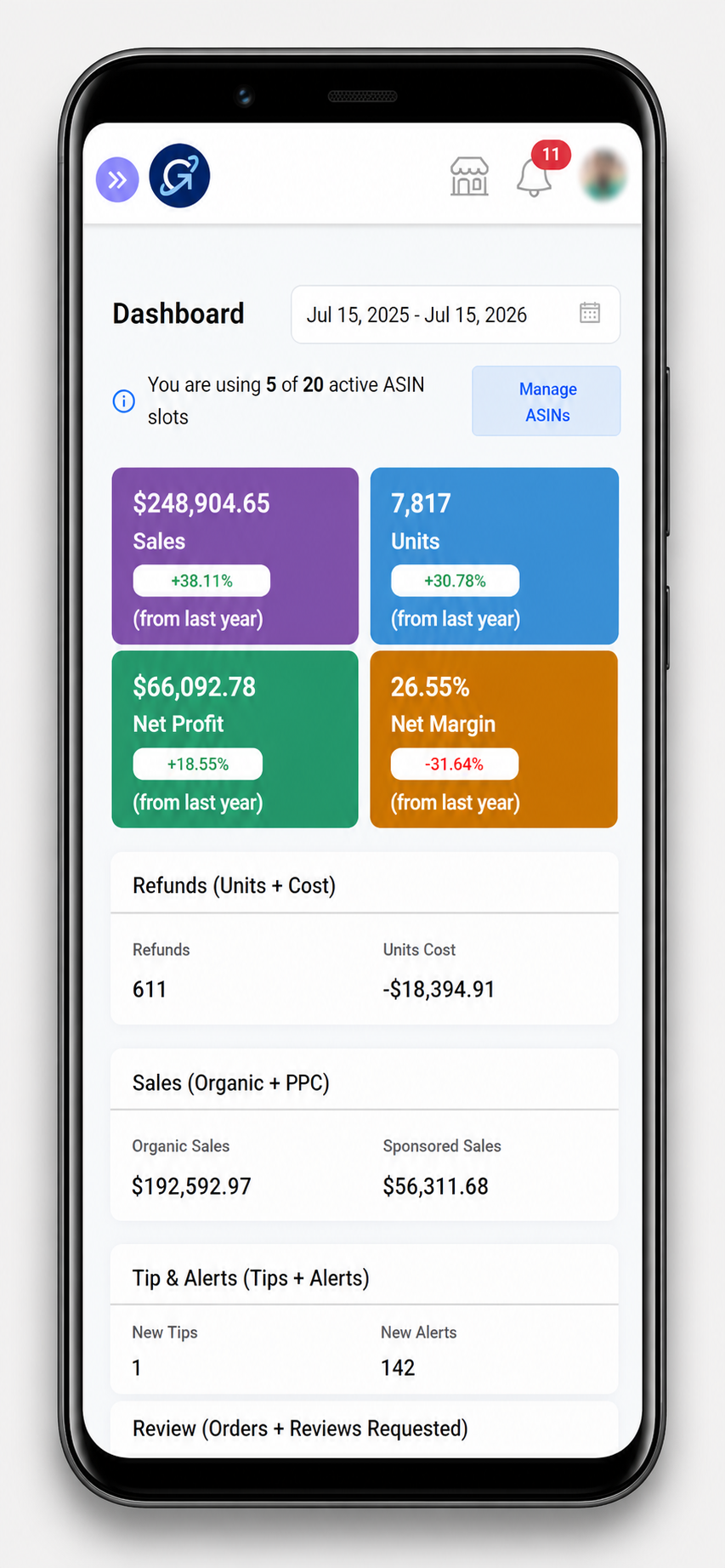GLZ Seller Mobile App UI displaying critical inventory metrics and active bids
