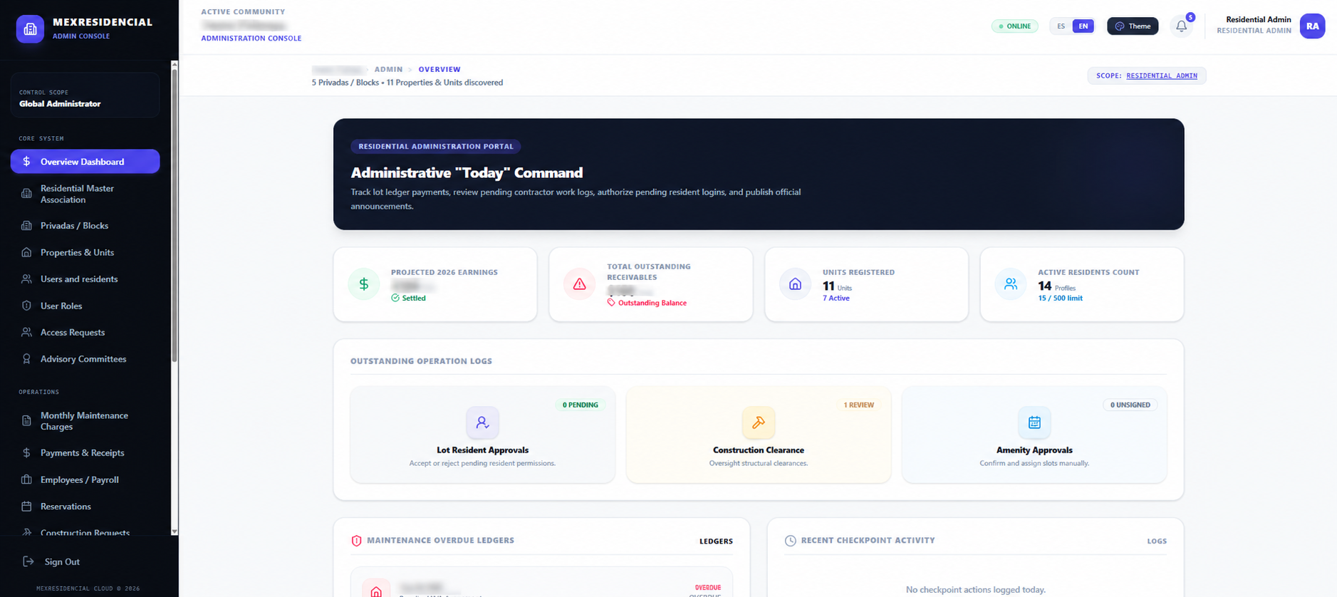 Mex Residencial Platform Dashboard displaying QR access and security logs